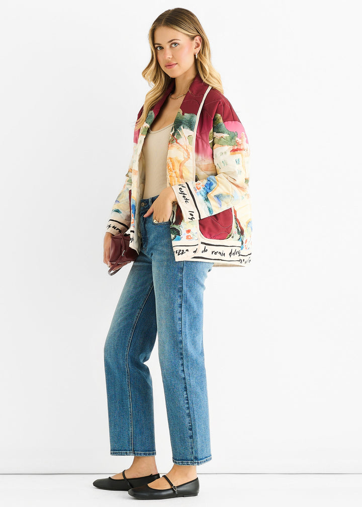 Burgundy Water Print Lightweight Quilted Jacket - jqwholesale.com