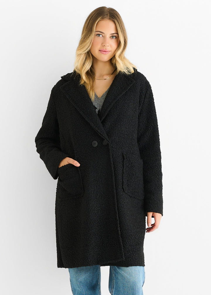 Black Shearling Mid Length Double Breasted Jacket - jqwholesale.com