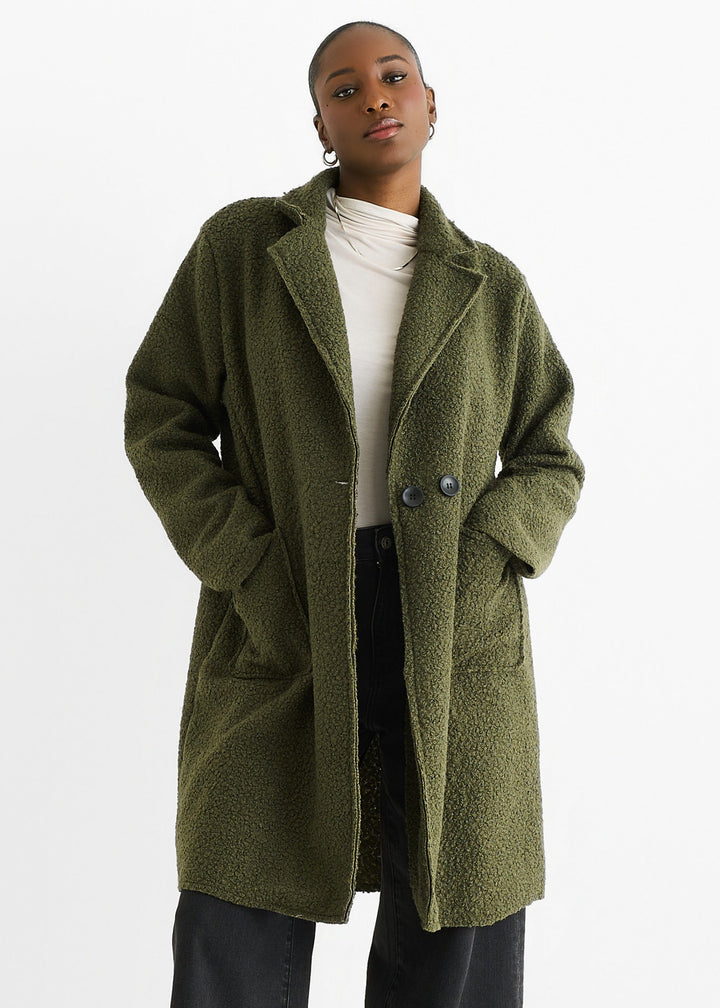 Khaki Shearling Mid Length Double Breasted Jacket - jqwholesale.com