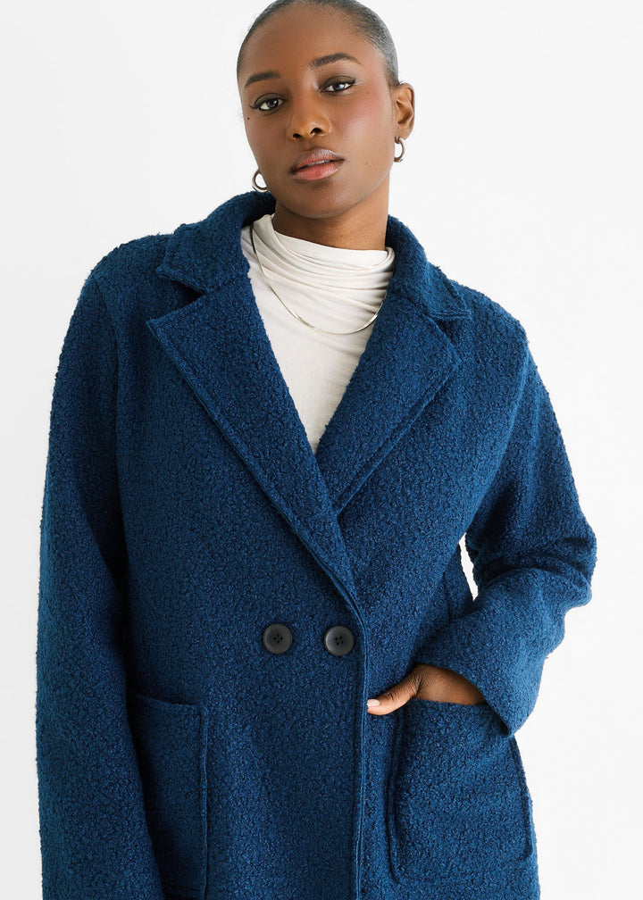 Navy Shearling Mid Length Double Breasted Jacket - jqwholesale.com