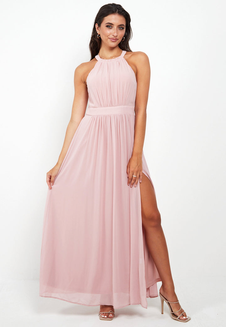 Halter Neck Maxi Dress With Leg Slit In Pink - jqwholesale.com