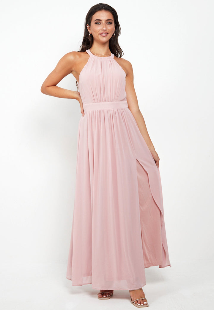 Halter Neck Maxi Dress With Leg Slit In Pink - jqwholesale.com