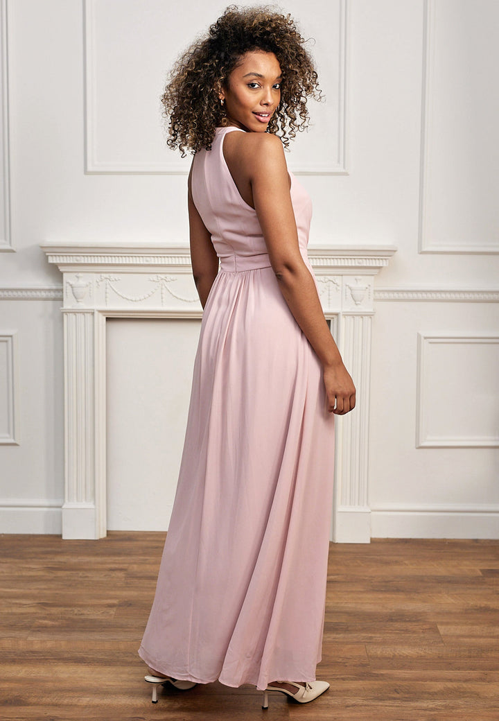 Halter Neck Maxi Dress With Leg Slit In Pink - jqwholesale.com