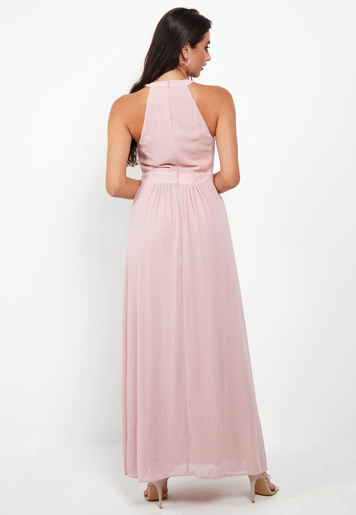 Halter Neck Maxi Dress With Leg Slit In Pink - jqwholesale.com