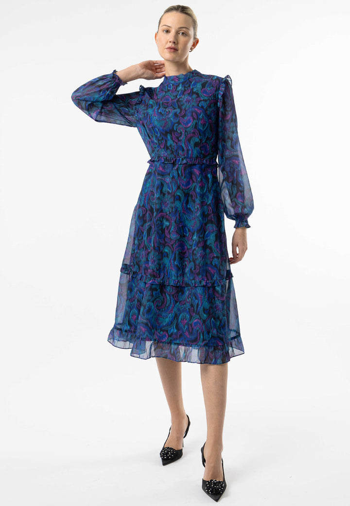 High Neck Ruffle Detail Midi Dress in Blue Paisley Print - ANGELEYE