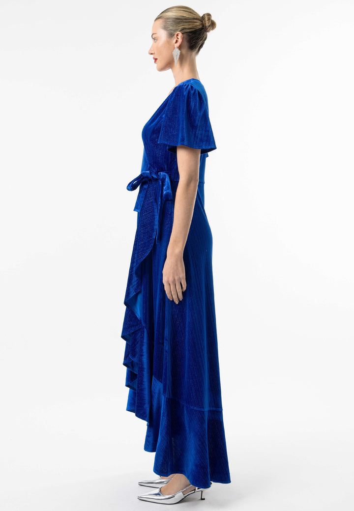 (5P. PACK) Glitter Velvet Wrap Dress with Ruffle Hem - jqwholesale.com