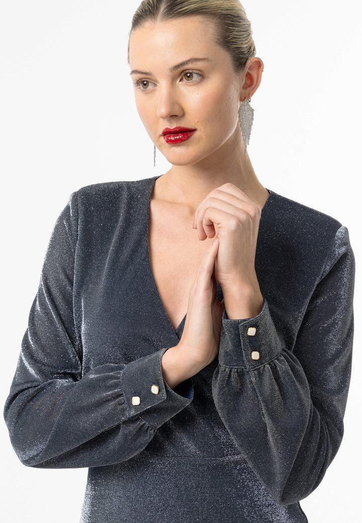 (5P. PACK) Metallic Long Sleeve Faux Wrap Mini Dress - jqwholesale.com