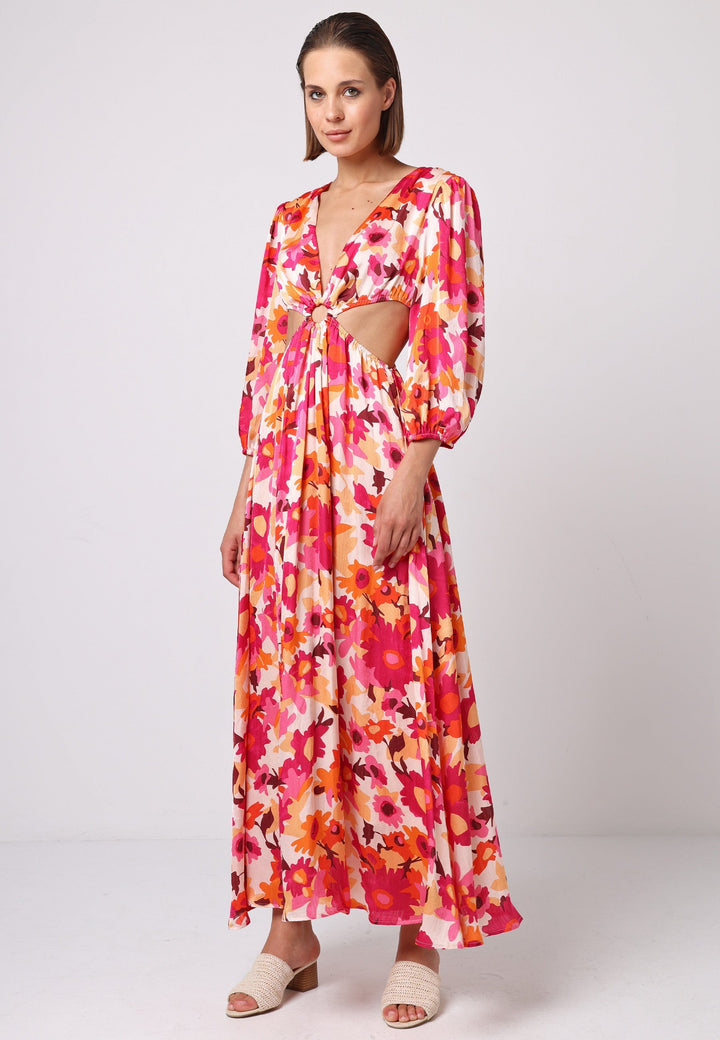 (5P.PACK) Cut Out Long Sleeve Maxi Dress in Pink Floral Print - jqwholesale.com