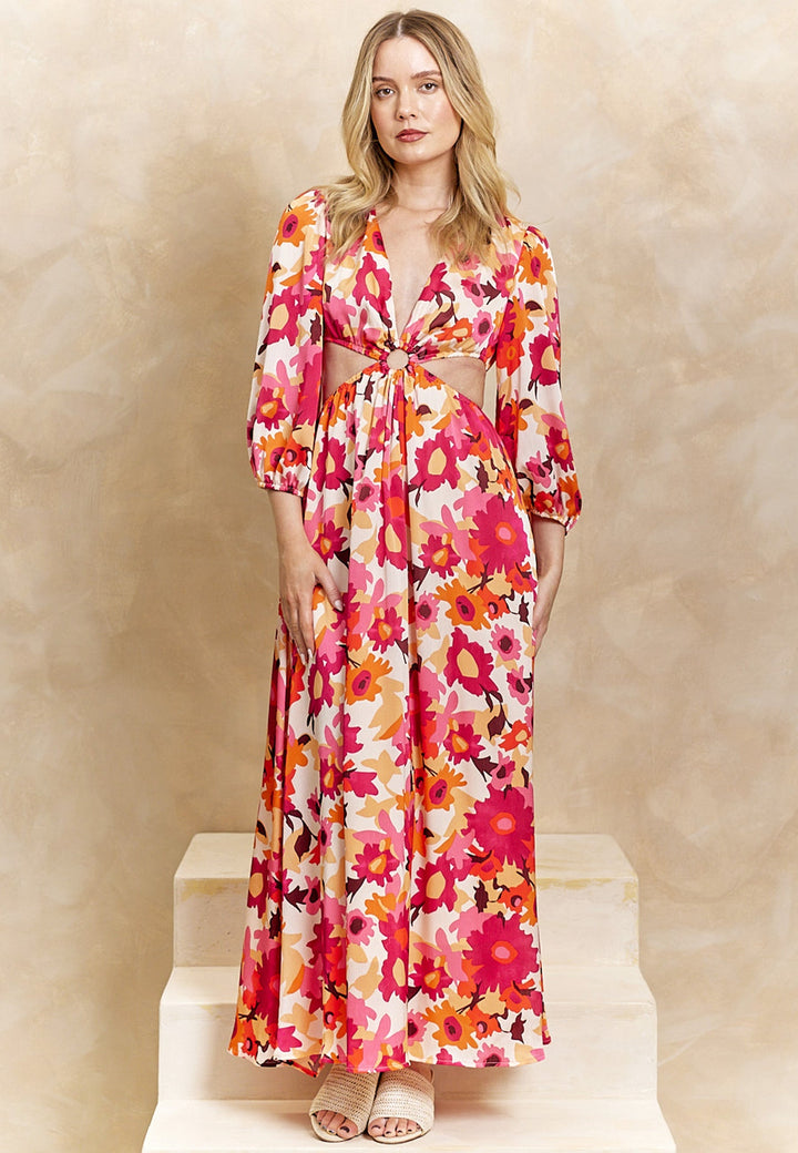 (5P.PACK) Cut Out Long Sleeve Maxi Dress in Pink Floral Print - jqwholesale.com