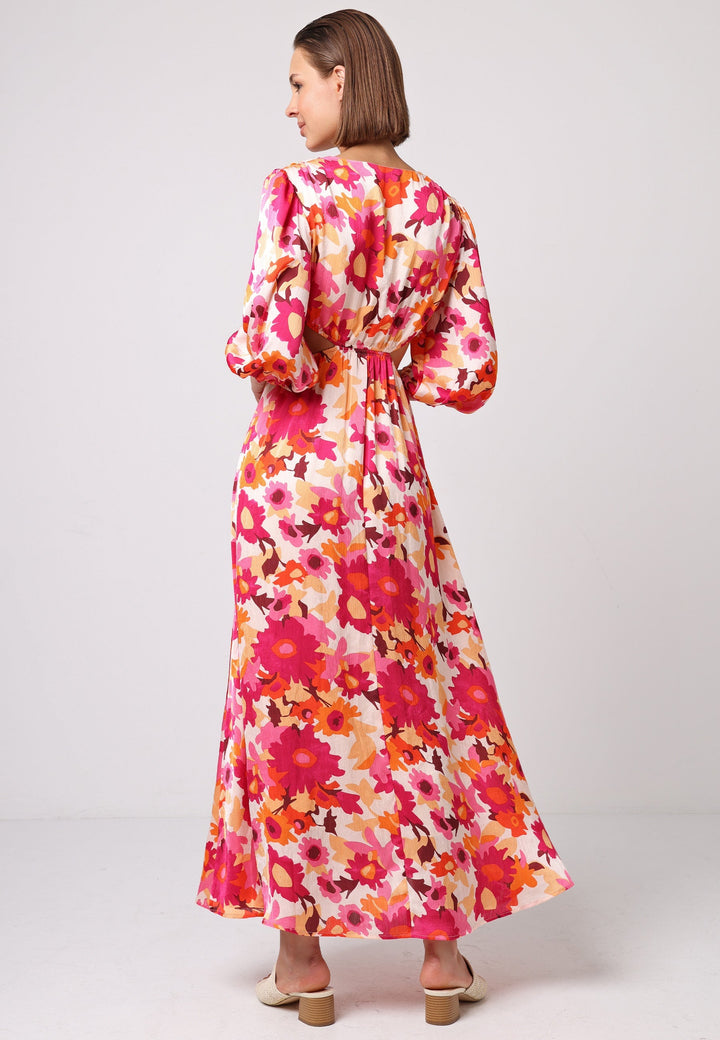 (5P.PACK) Cut Out Long Sleeve Maxi Dress in Pink Floral Print - jqwholesale.com