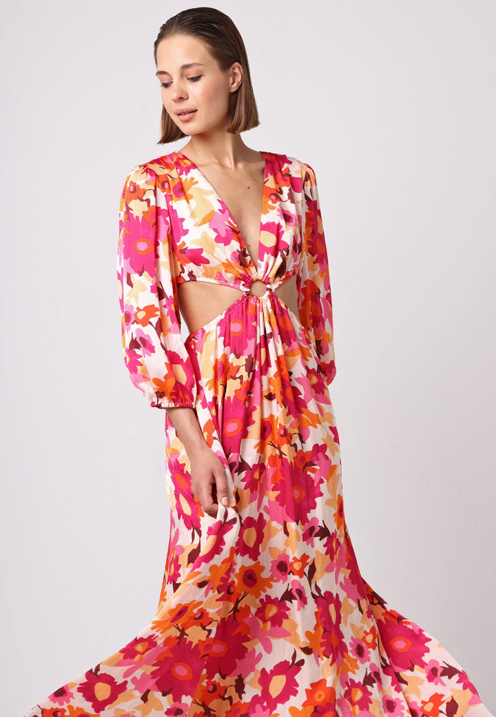 (5P.PACK) Cut Out Long Sleeve Maxi Dress in Pink Floral Print - jqwholesale.com