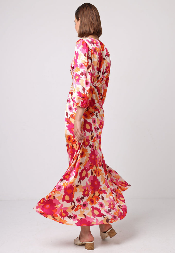 (5P.PACK) Cut Out Long Sleeve Maxi Dress in Pink Floral Print - jqwholesale.com