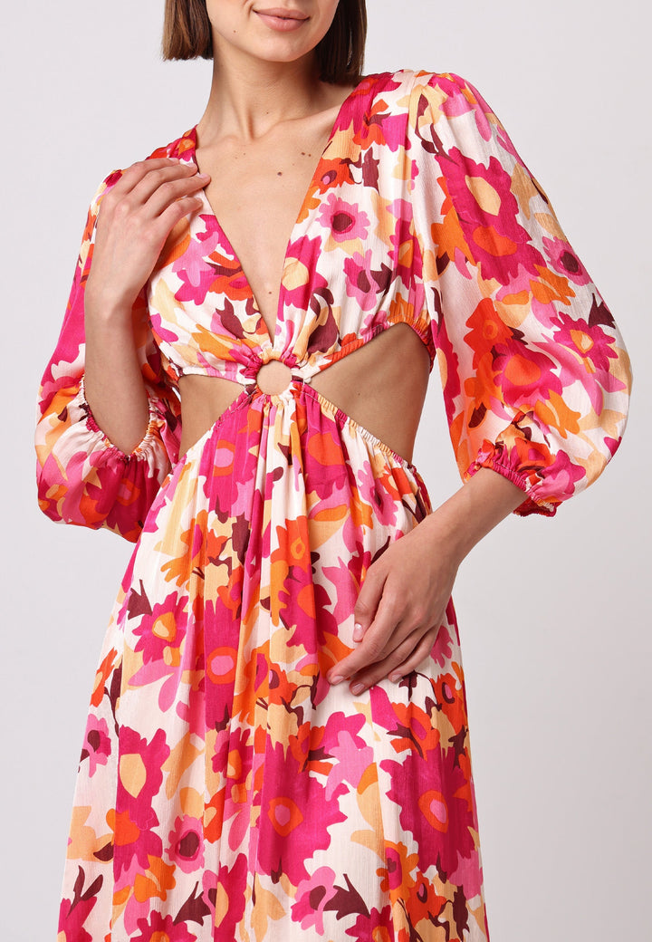 (5P.PACK) Cut Out Long Sleeve Maxi Dress in Pink Floral Print - jqwholesale.com