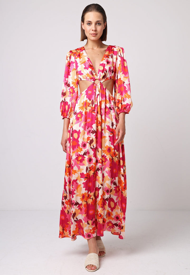 (5P.PACK) Cut Out Long Sleeve Maxi Dress in Pink Floral Print - jqwholesale.com