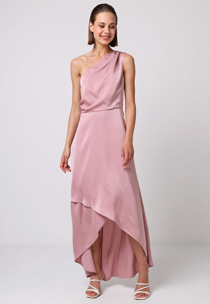 (5P. PACK) Satin One Shoulder Midi Dress with Wrap Skirt in Dusty Pink - jqwholesale.com