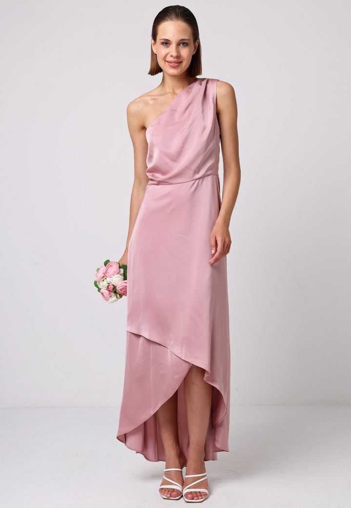 (5P. PACK) Satin One Shoulder Midi Dress with Wrap Skirt in Dusty Pink - jqwholesale.com