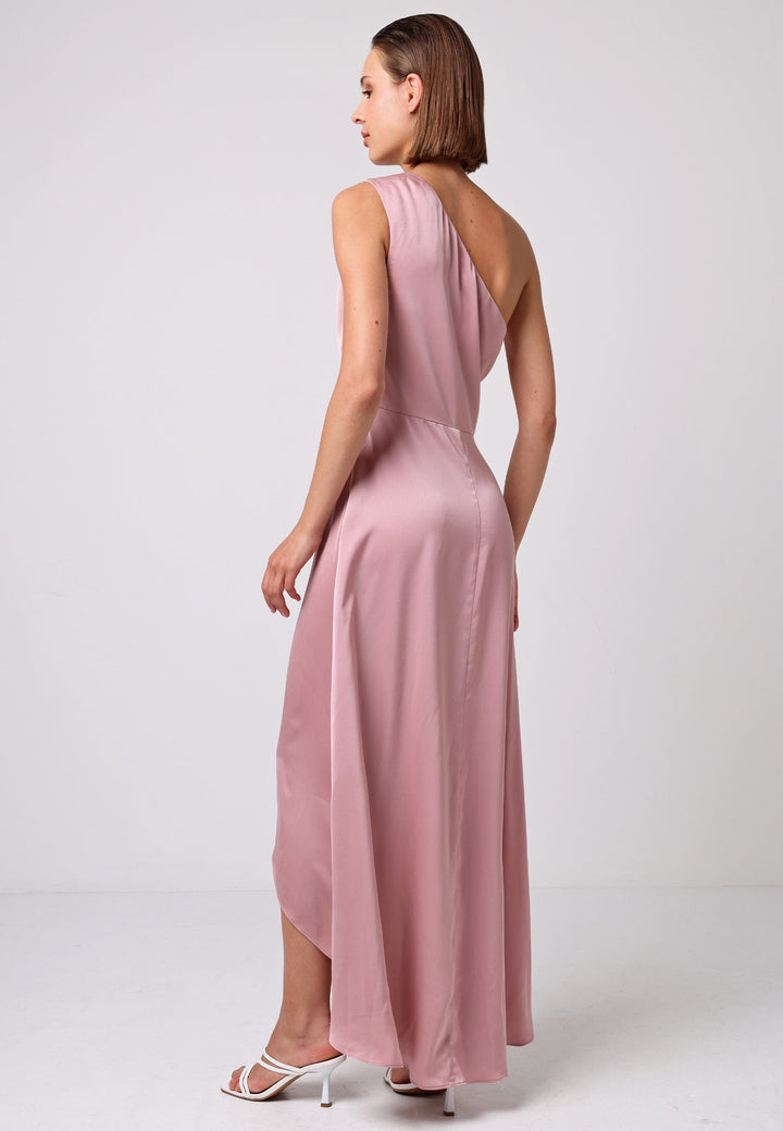 (5P. PACK) Satin One Shoulder Midi Dress with Wrap Skirt in Dusty Pink - jqwholesale.com