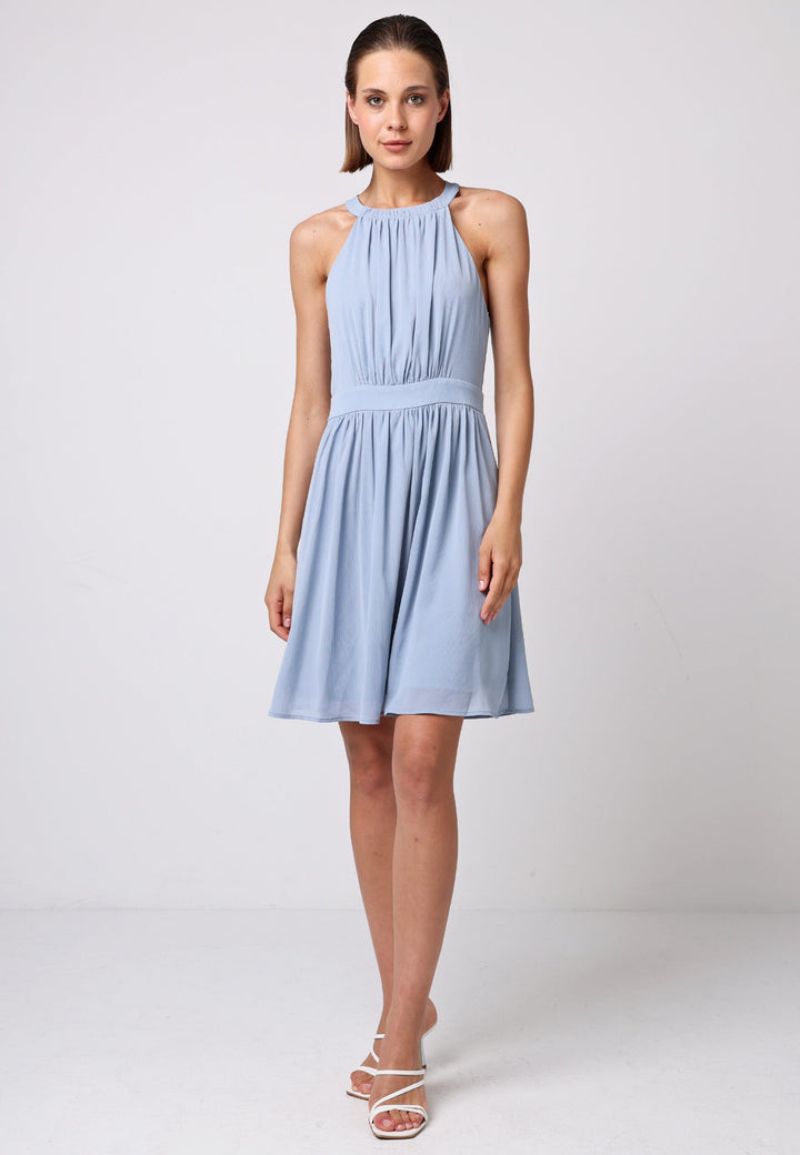 (5P. PACK) Chiffon Halter Neck Mini Dress in Dusty Blue - jqwholesale.com