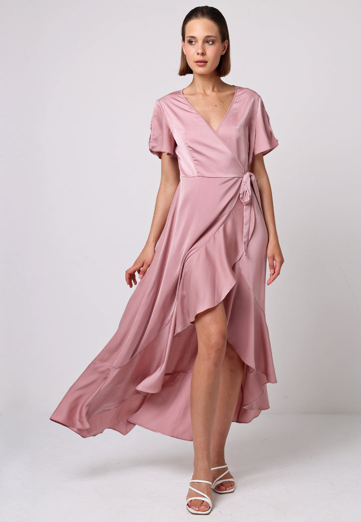 (5P. PACK) Satin Ruffle Wrap Midi Dress in Dusty Pink - jqwholesale.com