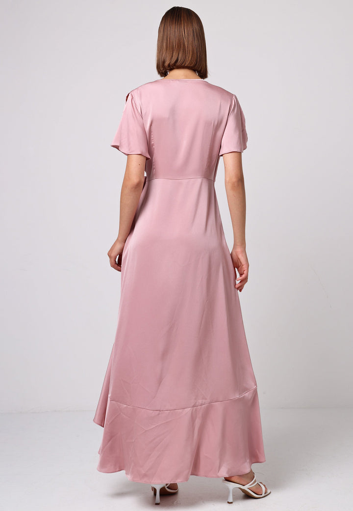 (5P. PACK) Satin Ruffle Wrap Midi Dress in Dusty Pink - jqwholesale.com