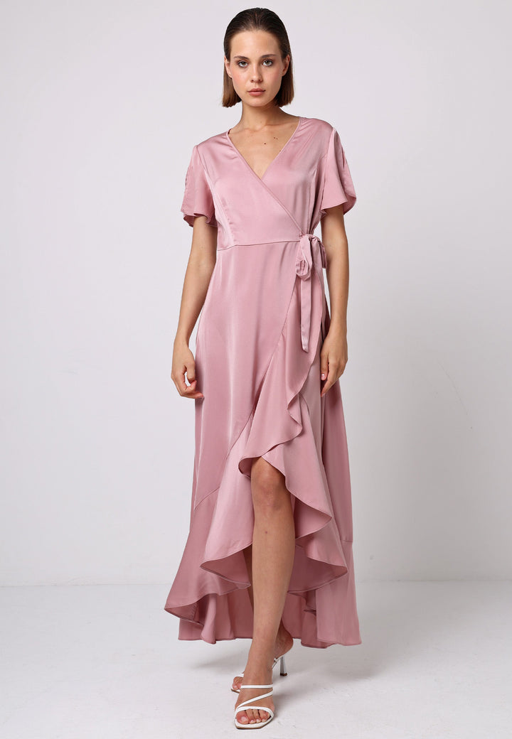 (5P. PACK) Satin Ruffle Wrap Midi Dress in Dusty Pink - jqwholesale.com
