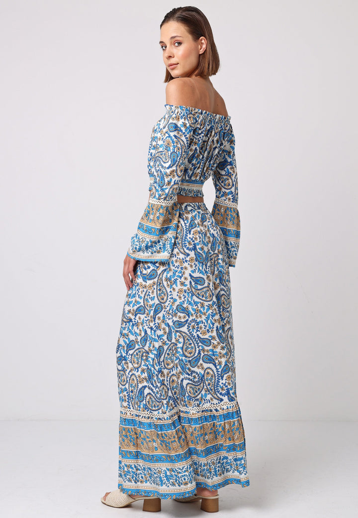 (3P.PACK) Boho Co-ord Bardot Top and Maxi Skirt Set in Blue Paisley Print - jqwholesale.com