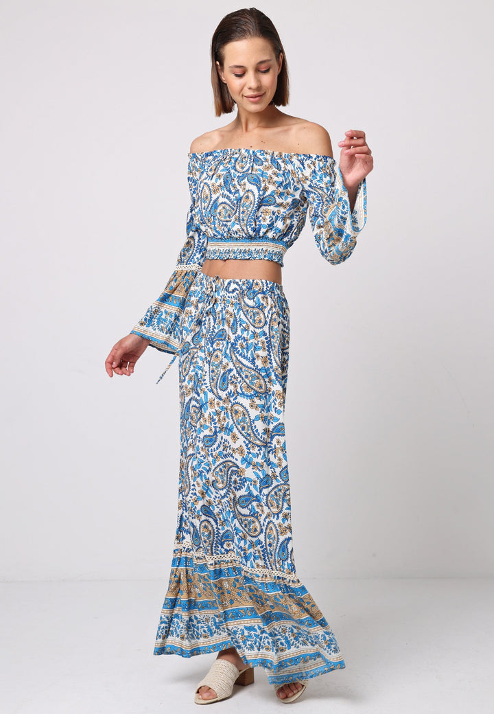 (3P.PACK) Boho Co-ord Bardot Top and Maxi Skirt Set in Blue Paisley Print - jqwholesale.com