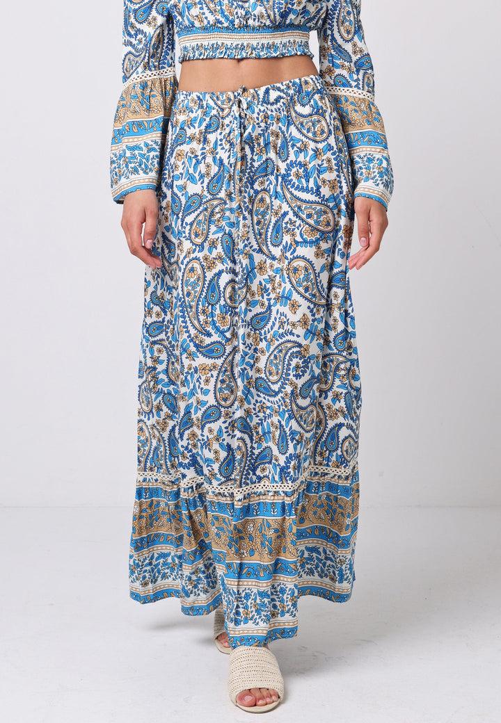 (3P.PACK) Boho Co-ord Bardot Top and Maxi Skirt Set in Blue Paisley Print - jqwholesale.com