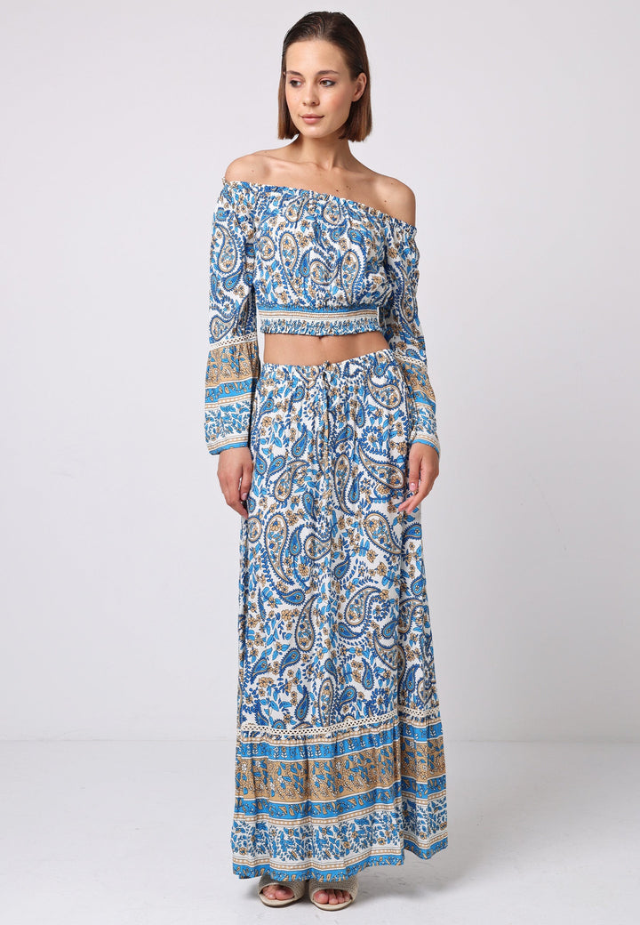 (3P.PACK) Boho Co-ord Bardot Top and Maxi Skirt Set in Blue Paisley Print - jqwholesale.com