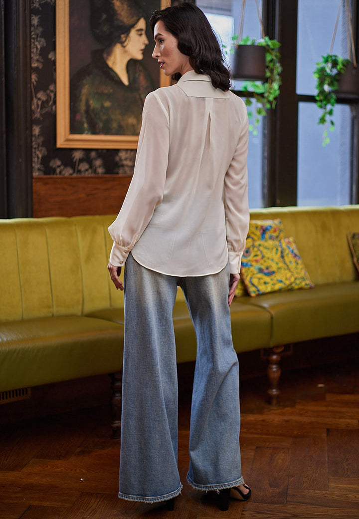 (5P.PACK) Side Tie Wrap Layered Blouse with Sheer Sleeve in Cream - jqwholesale.com
