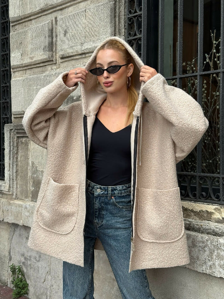 Cozy Zip-Up Teddy Hooded Jacket in Beige