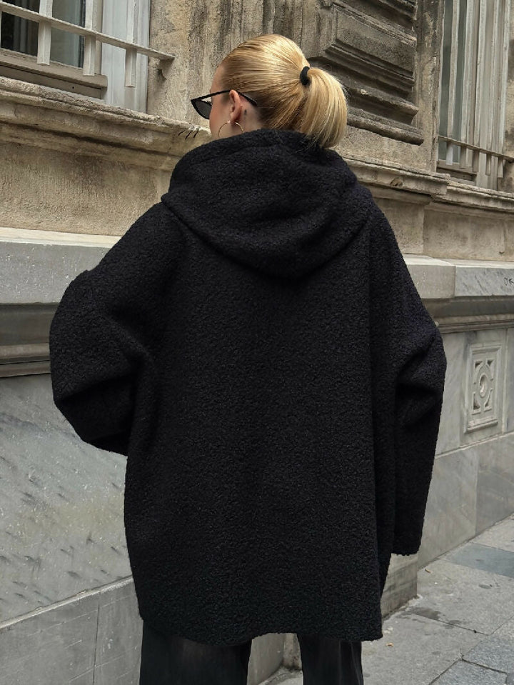 Cozy Zip-Up Teddy Hooded Jacket in Black