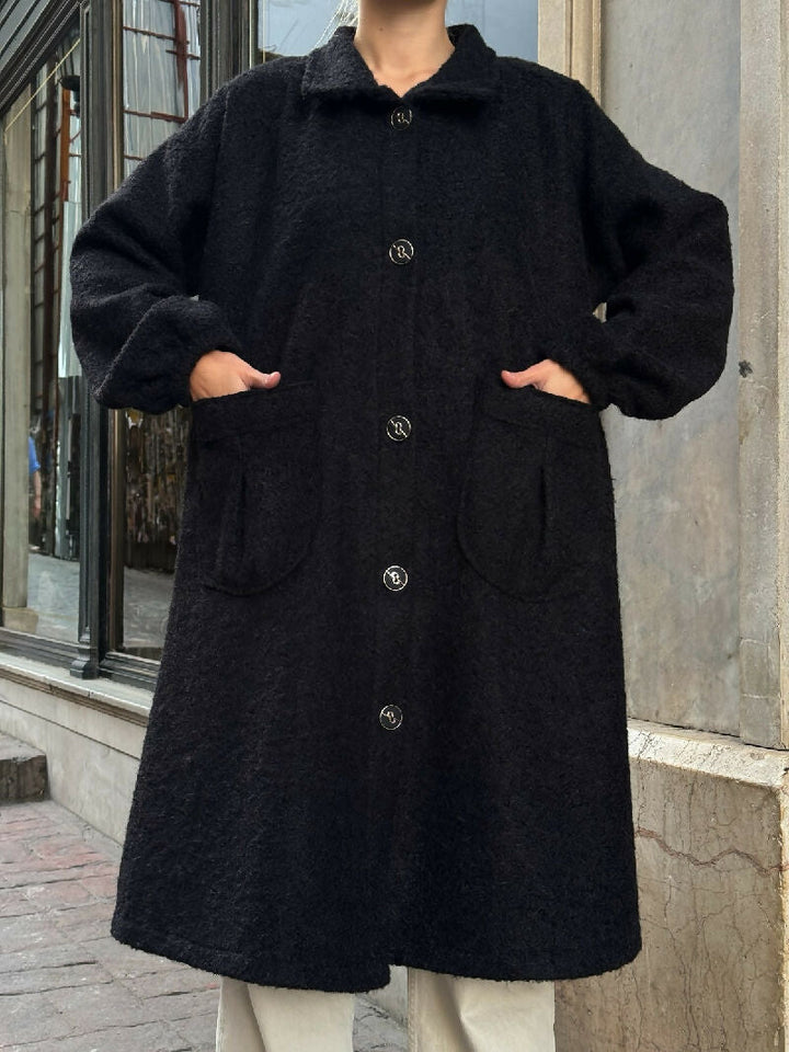 Soft Bouclé Button-Front Long Coat in Black