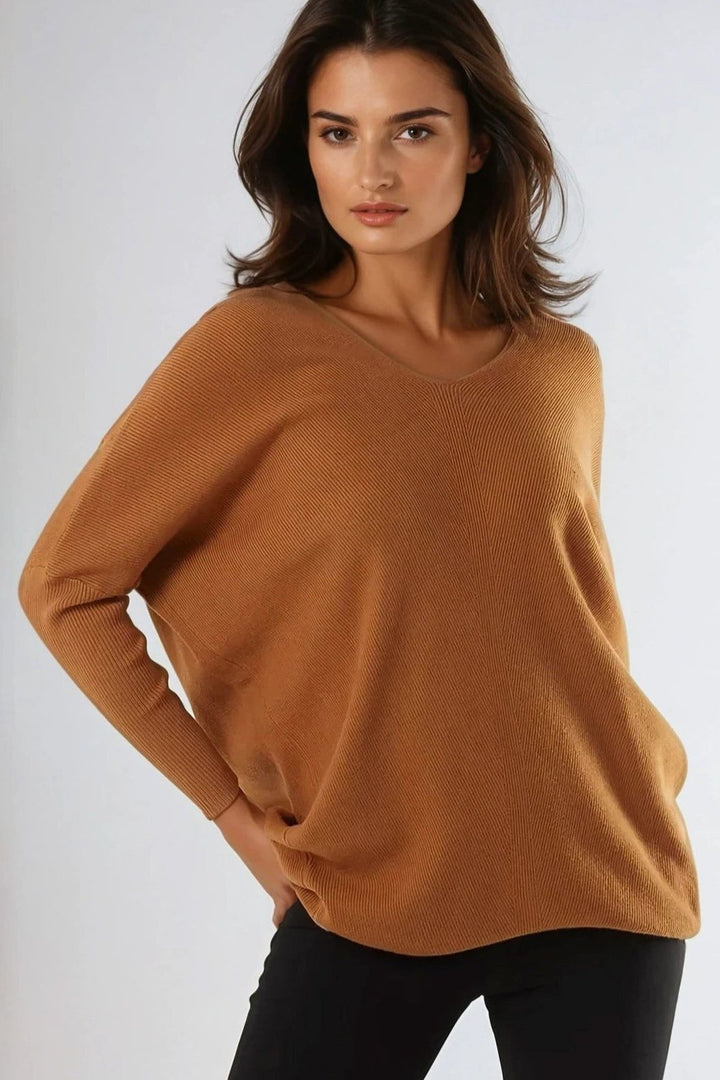 Camel V Neck Jumper With Leopard Bow - jqwholesale.com