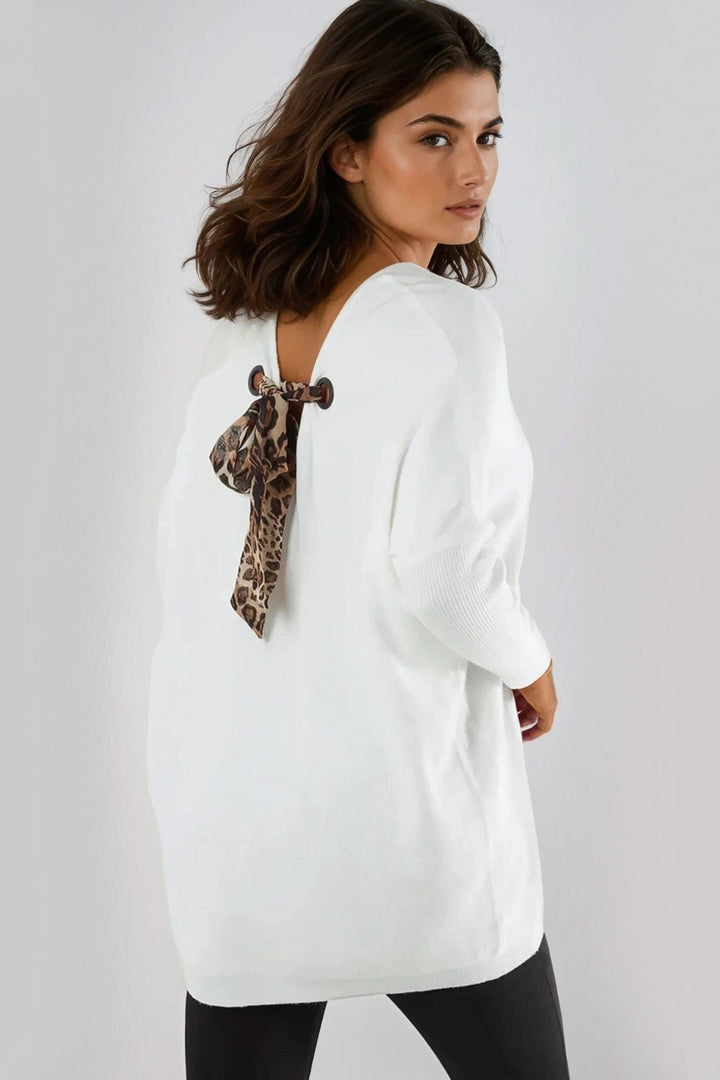 Ivory V Neck Jumper With Leopard Bow - jqwholesale.com