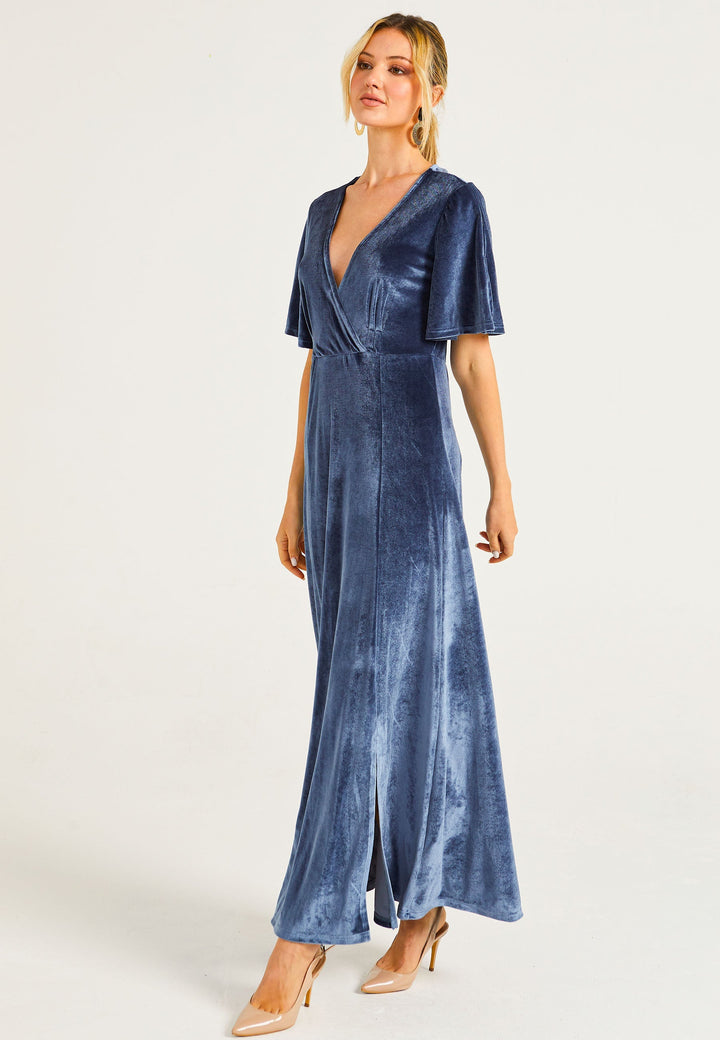 (5p. PACK) Velvet Flutter Sleeve Faux Wrap Dress With Slit - jqwholesale.com