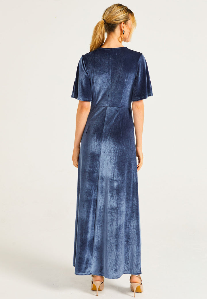 (5p. PACK) Velvet Flutter Sleeve Faux Wrap Dress With Slit - jqwholesale.com