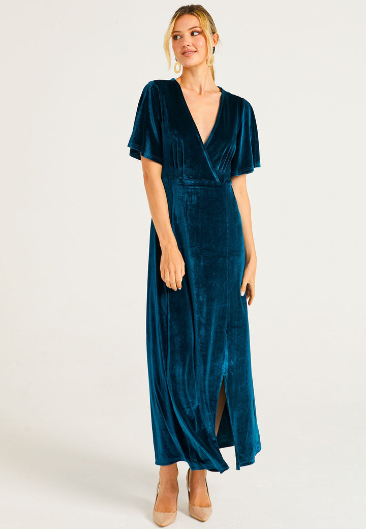 (5p. PACK) Velvet Flutter Sleeve Faux Wrap Dress With Slit - jqwholesale.com