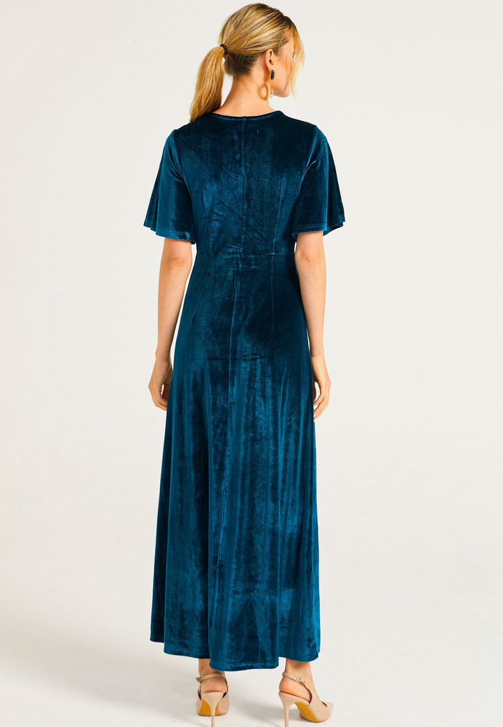 (5p. PACK) Velvet Flutter Sleeve Faux Wrap Dress With Slit - jqwholesale.com