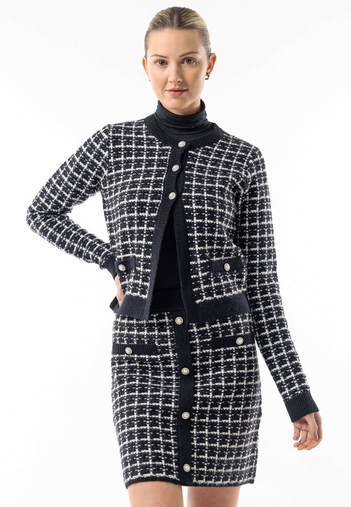 Checkered Knit Cardigan and Skirt Co-Ord Set in Black & White - jqwholesale.com