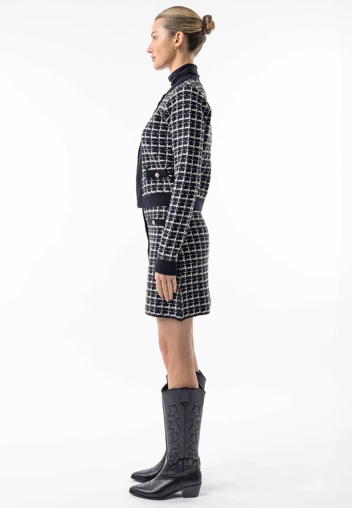 Checkered Knit Cardigan and Skirt Co-Ord Set in Black & White - jqwholesale.com