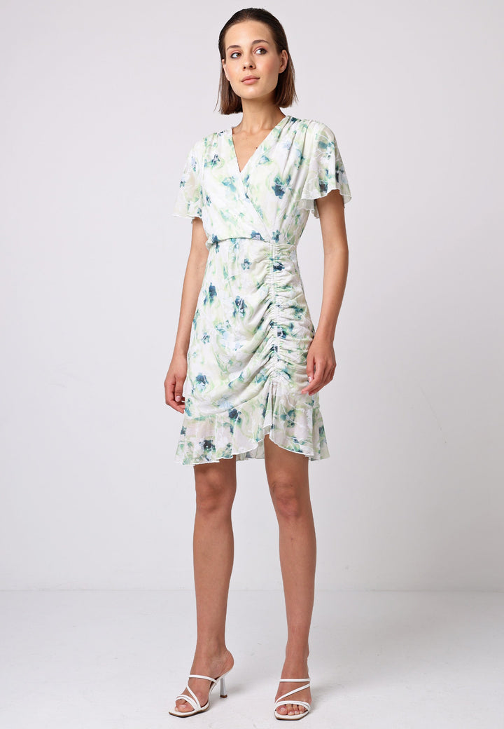 (5P. PACK) Wrap Ruched Mini Dress with Ruffle Hem in Green Floral Burnout Print - jqwholesale.com