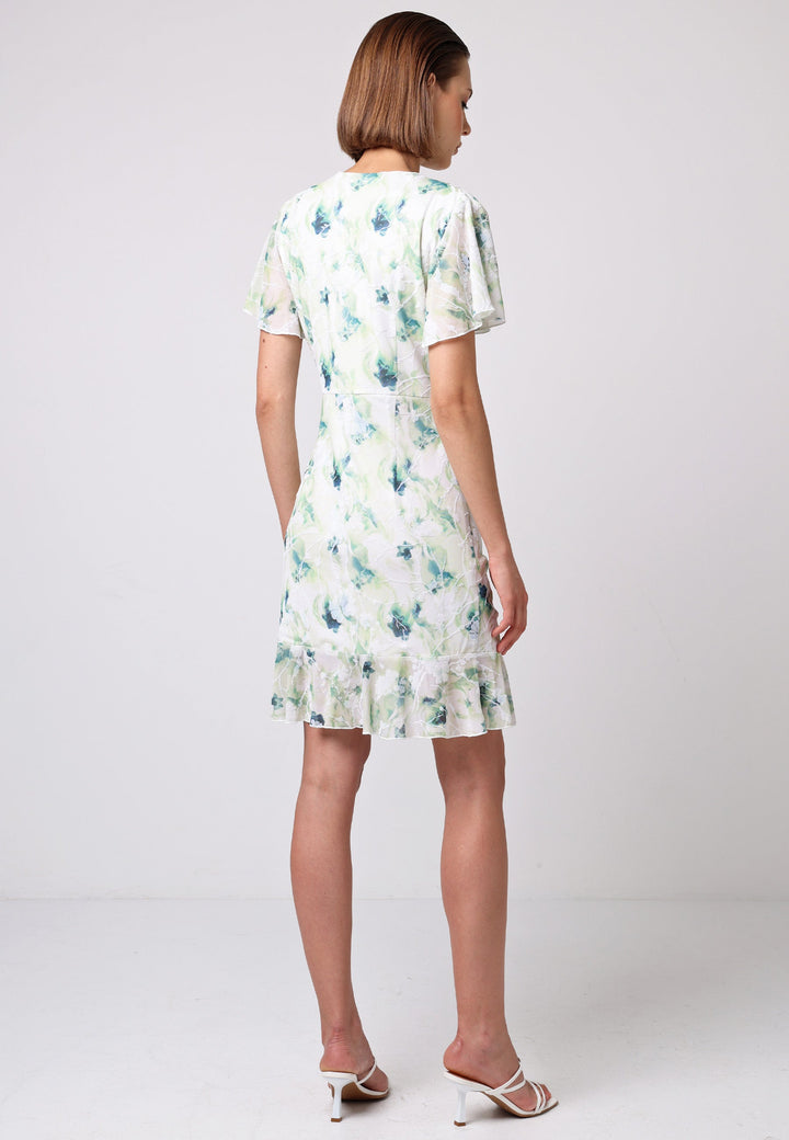 (5P. PACK) Wrap Ruched Mini Dress with Ruffle Hem in Green Floral Burnout Print - jqwholesale.com