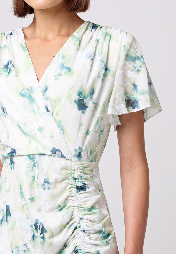 (5P. PACK) Wrap Ruched Mini Dress with Ruffle Hem in Green Floral Burnout Print - jqwholesale.com