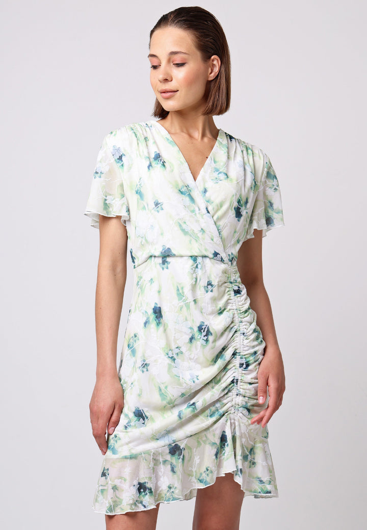 (5P. PACK) Wrap Ruched Mini Dress with Ruffle Hem in Green Floral Burnout Print - jqwholesale.com