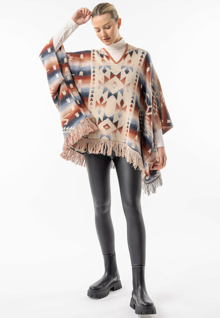(2P. PACK) Californian Hooded Batwing Poncho with Fringe - jqwholesale.com