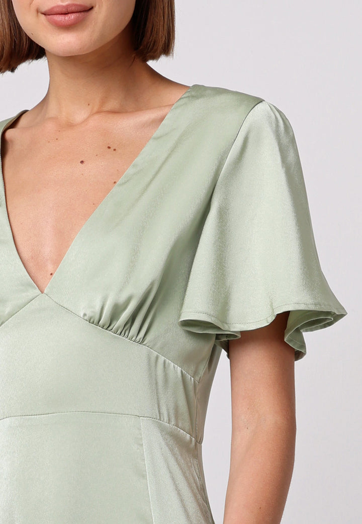 (5P. PACK) Satin V-Neck Angel Sleeve Midi Dress with Slit in Sage Green - jqwholesale.com