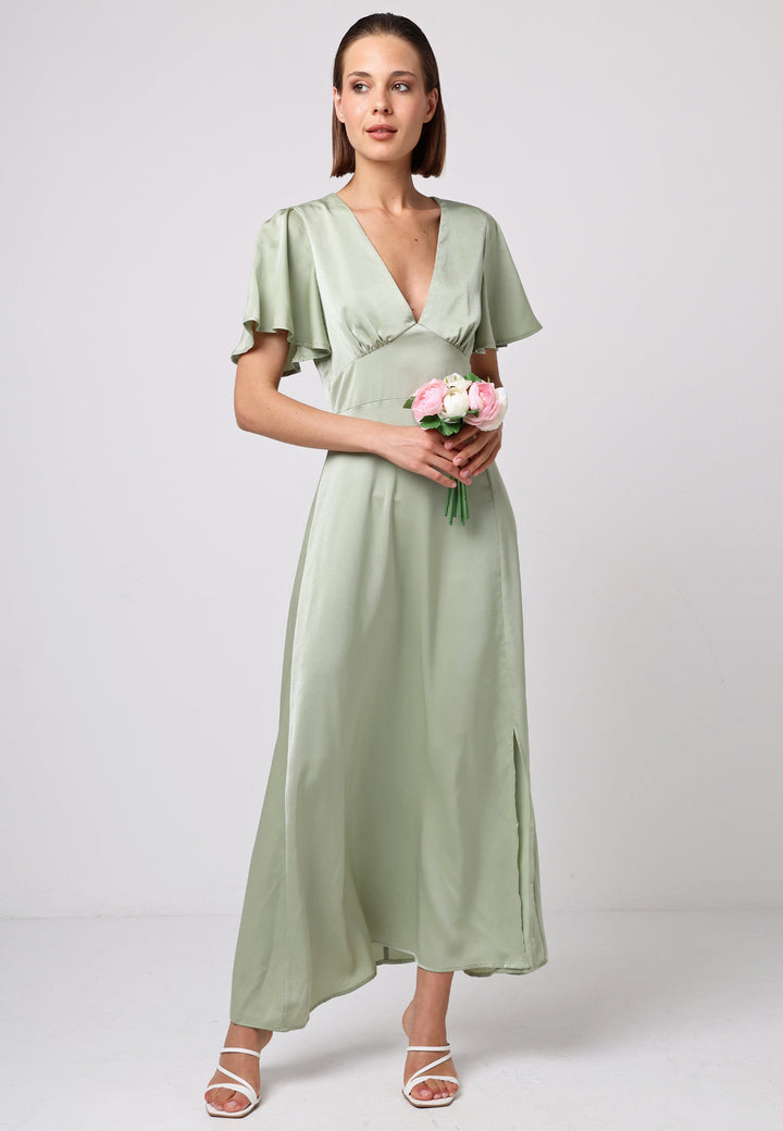 (5P. PACK) Satin V-Neck Angel Sleeve Midi Dress with Slit in Sage Green - jqwholesale.com