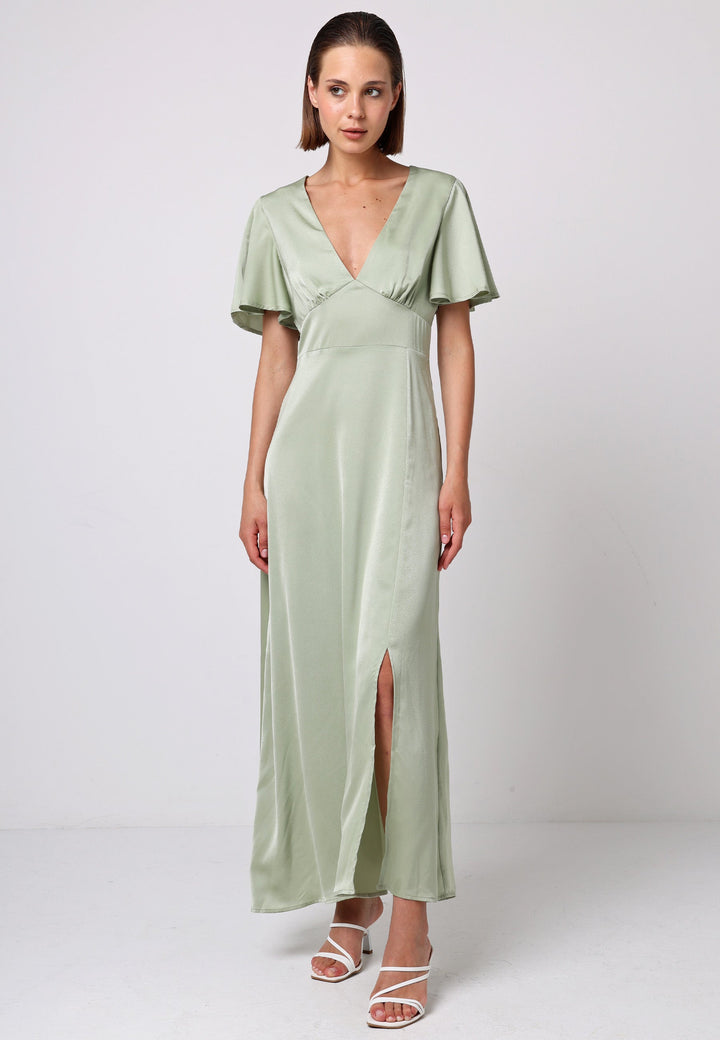 (5P. PACK) Satin V-Neck Angel Sleeve Midi Dress with Slit in Sage Green - jqwholesale.com