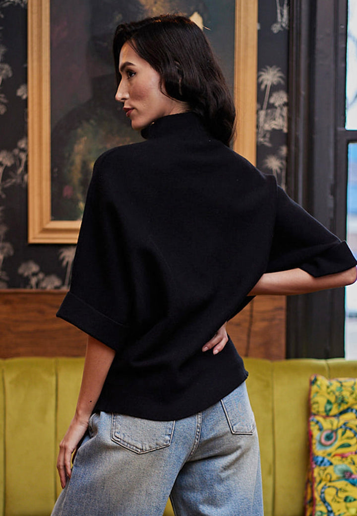 (3P.PACK) Turtle Neck Black Jumper with White Flower - jqwholesale.com